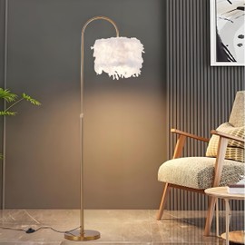 Kardleen Arc Feather Floor Lamp, Gold Modern LED Feather Standing Lamp, Natural Feather Decorative Tall Lamp with Foot Switch, Brass/Gold Finish, for Living Room Bedroom Office Shop Window