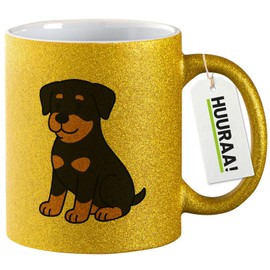 Huuraa Glitzer Kaffeetasse Rottweiler Rotti Comic Geschenk 330ml Gold Rottweiler Geschenkidee