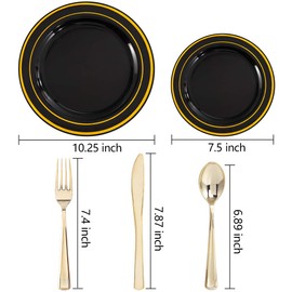 WDF 125Pieces Black Plastic Plates with Gold Rim & Disposable Gold Plastic Silverware - include 25 Dinner Plates,25 Dessert Plates,25 Forks, 25 Knives, 25 Spoons, Black Gold Plates for Party