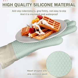 1 Pairs Silicone Oven Mitts & Pot Holders, Extended Long 5-Finger Design with Soft Cotton Lining, Heat Resistant up to 500°F, Waterproof&Non-Slip Kitchen Gloves for Baking, Grilling, Cooking(Green)