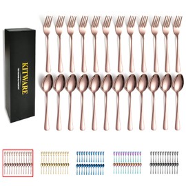 Rose Gold Spoon and Fork Silverware, KITWARE 24 Pieces Stainless Steel Flatware Cutlery Set for 12, Minimist Tableware Set for Home Kitchen Outdoor, Fishing, Picnic, Travel