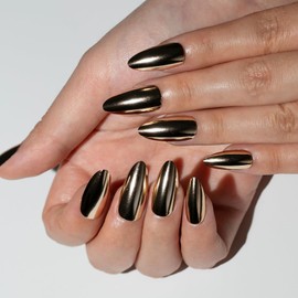 TENPAL Chrome Press on Nails Short Almond Gold Magic Mirror Powder Effect False Nails With Glue 24pcs/box Thick Press On Nails Acrylic Fake Nails With Designs For Women Girls