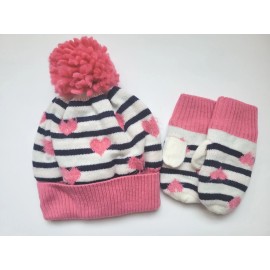 Gap Kids Baby Gap Baby GAP Set 2 PC Girls Hat Mittens Pink Black Stripe Hearts Knit New XS/S 12-24