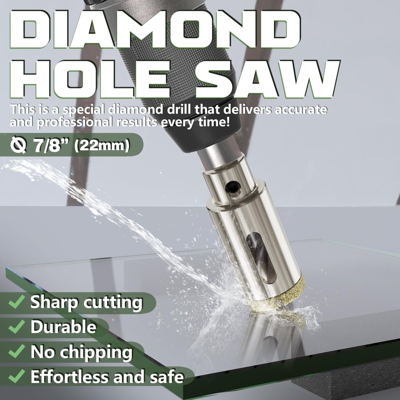 CSOOM 7/8"（22mm） Diamond Hole Saw with Center Drill Bit, One-Touch