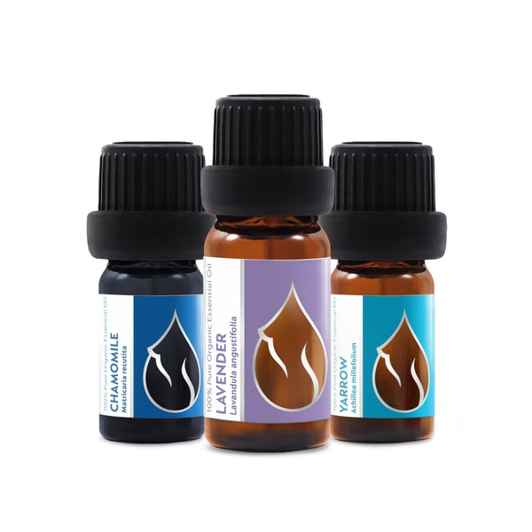 Set of 3 Relax Organic Essential Oils Lavender (10 ml) + Chamomile Blue (5 ml) + Yarrow (5 ml) | 100% Natural | Undiluted | Organic Certified | Top Quality from Family Business | GMO Free