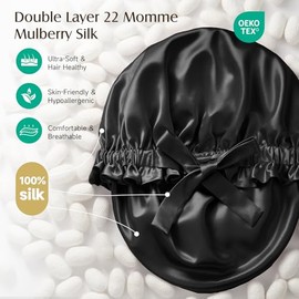 YFONG - Gorro de seda de morera 100 % de doble capa para mujeres que duermen, gorra de seda de lujo de 22 mm con banda elástica y corbata, envoltura n