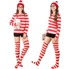Moiuguli Adult World Book Day Costume Long-Sleeved Red and White Striped T-Shirt, White & Red Bobble Hat, Socks, Round Glasses Carnival World Book Day Costumes Fancy Dress for Women (M)