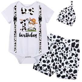 Baby Boy Girl 1st Birthday Outfit, Newborn Infant One Year Old Shirt Tops Bodysuit Shorts Clothes Set, Cow Animal First Birthday Party, Short-Sleeved, 6-12 Months