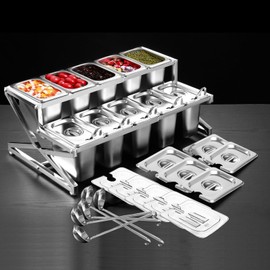 SHPii Two Tier Adjustable Stainless Steel Spice Organizer Set of 10 Pots with Spoons Commercial Kitchen Spice Rack Buffet Counter Milk Tea Shop Multifunctional Shelf (Double Flat)