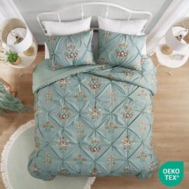 Comfort Spaces Green Queen Duvet Cover Set - 3 Pieces Pintuck Tufted Vintage Floral Duvet Sets Queen, All Seasons Skin-Friendly, Lightweight & Soft Microfiber Queen Duvet Cover, Shams, Full/Queen