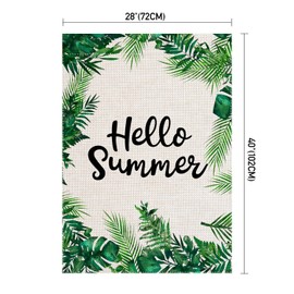 Large Home Decorative House Flag Hello Summer Burlap Double Sided, Watercolor House Yard Decor, Summer Garden Yard Decorations, Green Leaf Wreath Outdoor Flag 28 x 40 inch