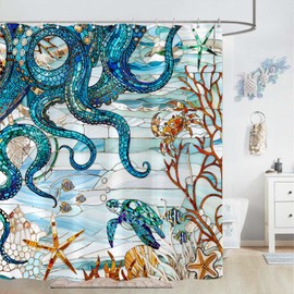Kanuyee Octopus Shower Curtain Stained Glass Shower Curtain Blue Shower Curtains for Bathroom Ocean Shower Curtain Set with 12 Hooks Octopus1 72×72 Inches