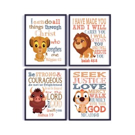 Lion King Christian Nursery Set of 4 Unframed Prints - Mufasa, Pumba, Simba and Timon with Bible Verses
