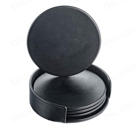 Dacasso Black Leatherette 4 Coaster Set, Round w/Holder - Luxury Executive Decor and Office Desk Surface Protector