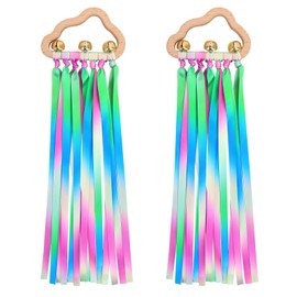 Baby Sensory Ribbon Ring Toys - 2Pcs Rainbow Ribbon Rattle Natural Wooden Ribbon Ring, Sensory Montessori Toy for 3+ Month Babies Toddler (Multicolor)