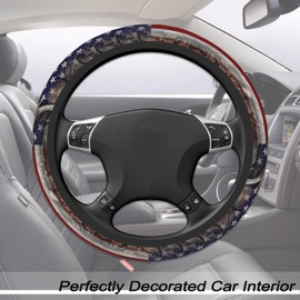 FJyuanqi Camouflage Deer American Flag Steering Wheel Cover for Men, Anti-Slip Elastic Breathable Soft Rubber Car Steering Wheel Protective Cover, Universal 15 Inch Fit for Cars, Auto, SUVs