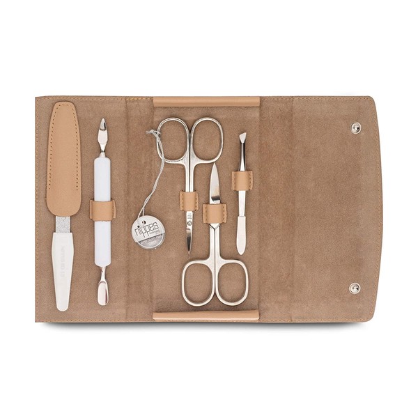 nippes Solingen Premium Line Manicure Set GAP, 5 Pieces, Stainless Steel, Rust- and Nickel-Free, Cowhide Leather Case with Press Stud, Light Brown, Nail Care Set, Manicure Pedicure, Made in Germany