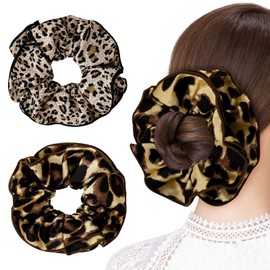 Yonchic 2-Piece Leopard Print Ruffles Oversized Hair Scrunchies for Thick & Thin Hair, Double-layer No Damage Ponytail Holders Hair Ties for Women & Girls, Elegant Vintage Hair Accessories (Coffee)
