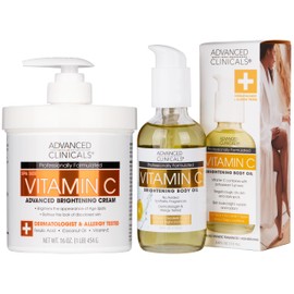 Advanced Clinicals Brightening Vitamin C Cream Moisturizer + Vitamin C Body Oil 2pc Skincare Set | Nourishing, Brightening, & Hydrating Body Oil & Body Lotion To Improve Appearance Of Dark Spots, 2pc
