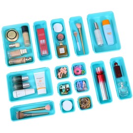 Kutesna 15 PCS Interlocking Desk Drawer Organizer Separator for Office,Bathroom,Kitchen,Makeup（Blue&Green）