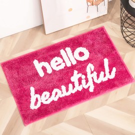 mamrug Cute Hello Beautiful Bath Mat,Non Slip Soft Fluffy and Absorbent Microfiber Hot Pink Bathroom Mat for Girls,Funny Bathroom Floor Rug Home Decor Washable 19.7”x31.5”