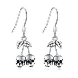 Skull Earrings 925 Sterling Silver Gothic Skull Dangle Earrings Skeleton Cherry Jewelry Present for Women, middle, Sterling Silver, No Gemstone