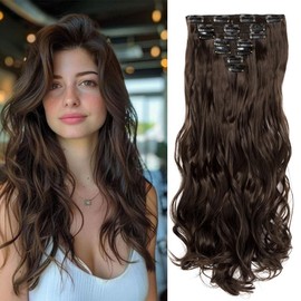 Swy Hair Clip in Hair Extensions Body Wave 22 inches 7Pcs 150g Straight Hair Synthetic Hair Extensions (W-Medium Brown, Wavy)