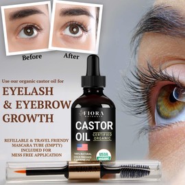 Organic Castor Oil for Eyelashes, Eyebrows, Hair & Face – Cold Pressed Hexane Free 100% Pure Aceite De Ricino Organico, Lash & Brow Serum with Refillable Mascara Tube (unfilled), 1oz Glass Bottle