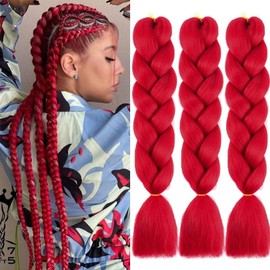 Jooceebaby Synthetic Hair for Braiding Easy Braid Pre-Stretched Braids Extensions Red Hair Extensions 24 Inch 3 Packs Hair for Braiding Braids Braids Braid Extensions (Red)