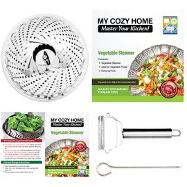 Vegetable Steamer Basket - Includes Julienne Peeler and Safety Utensil - 100% Stainless Steel - Expandable from 5.5 inches to 9 inches - Easy Storage and Cleaning