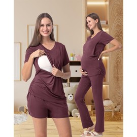 Rnxrbb 3 Piece Women's Maternity Nursing Pajamas Set V Neck Breastfeeding Pjs Sleepwear Postpartum Shorts&Pants Pockets,Dark purple L