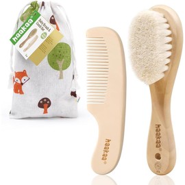Haakaa Baby Brush & Comb Set | Soft Goat Bristles & Wooden Handle | Gentle Care for Newborns & Toddlers | Perfect for Cradle Cap & Baby Gift! 2pk