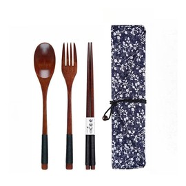Cutlery Set, Wooden Chopsticks, Spoon, Fork Set, Storage Case, 4-piece Set, Tableware Set, Bento Box, Cutlery Set, Japanese Style, Convenient to Carry, Adults and Children, Excursions, Camping, Outdoors, Fishing, Travel, Wedding Gift, Housewarming (A)