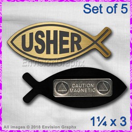Set of 5 Gold Plastic Church Usher Badge w/Magnet Jesus Fish Shape