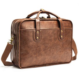 Leather Briefcase for Men - 15.6 Inch Business Laptop Bag - Water Resistant Vintage Messenger Bag - Brown
