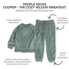 pet passion People Packs Cooper II - The Plush Velour Sweatsuit, Organic Cotton and Recycled Poly Velour 2-Piece Top Pants for Baby, Toddler​, Sage, 6 Years