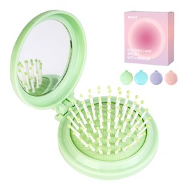 RHOS Folding Brush with Mirror for Women,Men and Kids-Compact Brush with Mirror for Purse,Small Pocket Brush-Portable Foldable brush for Travel,Pop Up Brush with Mirror (Green)