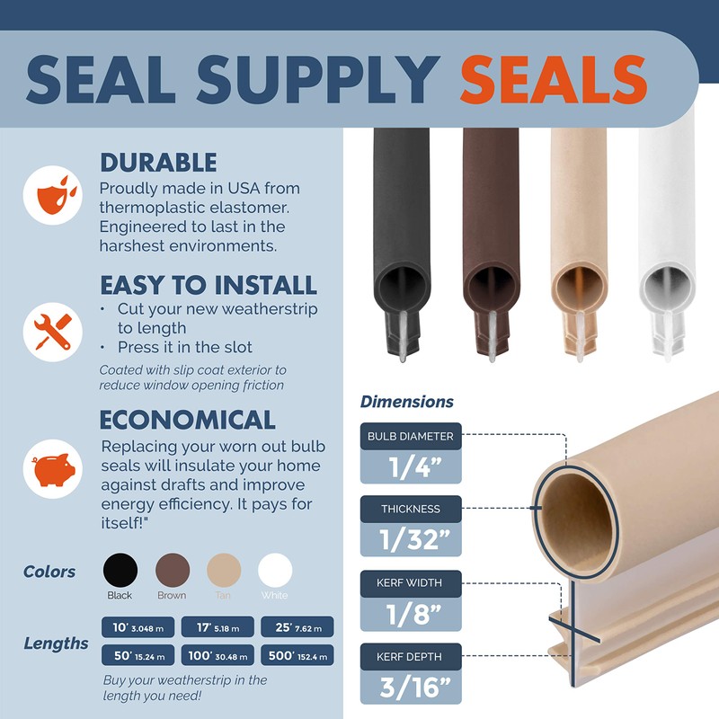 Window Weatherstrip Seal 1/4" Bulb Bubble Kerf Mount 4 Colors