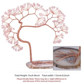 mookaitedecor Natural Rose Quartz Crystal Tree with Agate Slice Base, Feng Shui Money Tree Bonsai Sculpture for Home Office Altar Table Decoration 7-8 Inch