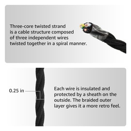 3 Core Fabric Cloth Covered Lamp Twisted Wire, PRUNLLA Vintage Industrial Electrical Cord, Flexible Cable for Retro Lamp, DIY Projects (Black)