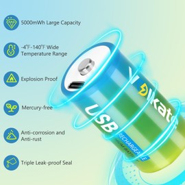 volkate C Batteries 2 Pack, USB Rechargeable Lithium C Cell Batteries with Charging Cable, Battery C Size LR 14 1.5V 5000mWh, Type C Battery