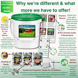 B&KM Farms B&KM Farms 20,000+ Survival Seed Kit 5+ Year Supply. 30 Fruit & Vegetable Non-GMO Heirloom Seeds for Planting a Home Garden. Secure Emergency Weather-Proof Bucket