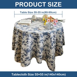 KUAOOAUK Blue Flowers Pastoral Round Tablecloth, 55 Inch Vintage Cotton Linen Tablecloth, Washable Table Cover with Dust-Proof Wrinkle Resistant for Indoor Outdoor Kitchen Dining Picnic Decoration