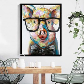 Cuorung DIY Oil Painting Paint by Numbers Kit for Adults,Animal Glasses Pig DIY Oil Painting 16×20 Inch Canvas Beginner with Full Acrylic Paint Set and Paint Brushes for Adults Christmas