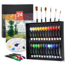 Kebuye Acrylic Art Paint Set, 24 Colours(12ml) Acrylic Paint Kits Creamy Texture Non-toxic, Art Craft Paints for Canvas Painting, Rock, Stone, Wood, Fabric, Crafts, and Students with 6 Brushes 2 Canvas 1 Palette