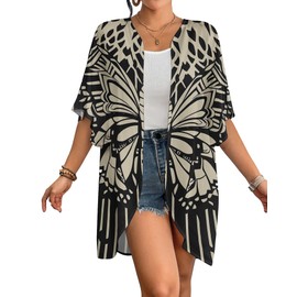 Bsubseach Women's Tops Loose Chiffon Kimono Open Front Casual Coverups Blouse Butterfly Cardigan Beach Swimsuits Black