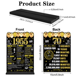 Guiruiy Black Gold 70th Birthday Decorations for Men Women, Two-Sided Vintage 70 Back in 1955 Theme Poster Wooden Table Sign with Stand, Seventy Years Old Bday Centerpieces Holder for Table Decor
