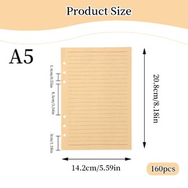 2 Packs A5 Kraft Paper Refill 160 Sheets, 6 Hole A5 Insert Refillable Paper Punched Paper Refill Pad, Loose-Leaf Planner Inserts A5 Paper for Notebook Ring Binder, 100gsm, 14.2x20.9cm, Lined