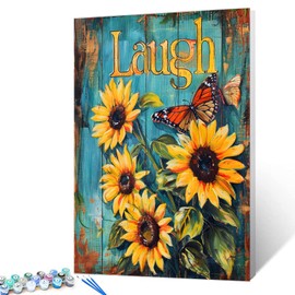 Yellow Sunflowers Paint by Numbers Laugh Paint by Numbers Kits Beginner Teal Wood Board Background Painting Inspirational Arts Craft ON Canvas for Home Decor Without Framed 16x20 Inch