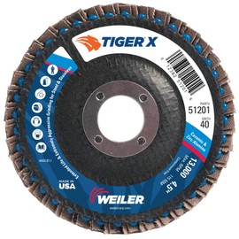 Weiler 51201 Tiger X Flap Disc, Ceramic and Zirconia Alumina, Angled, Phenolic Backing, 40 Grit, 4-1/2",Type 29 7/8" Arbor, Made in The USA (Pack of 10)